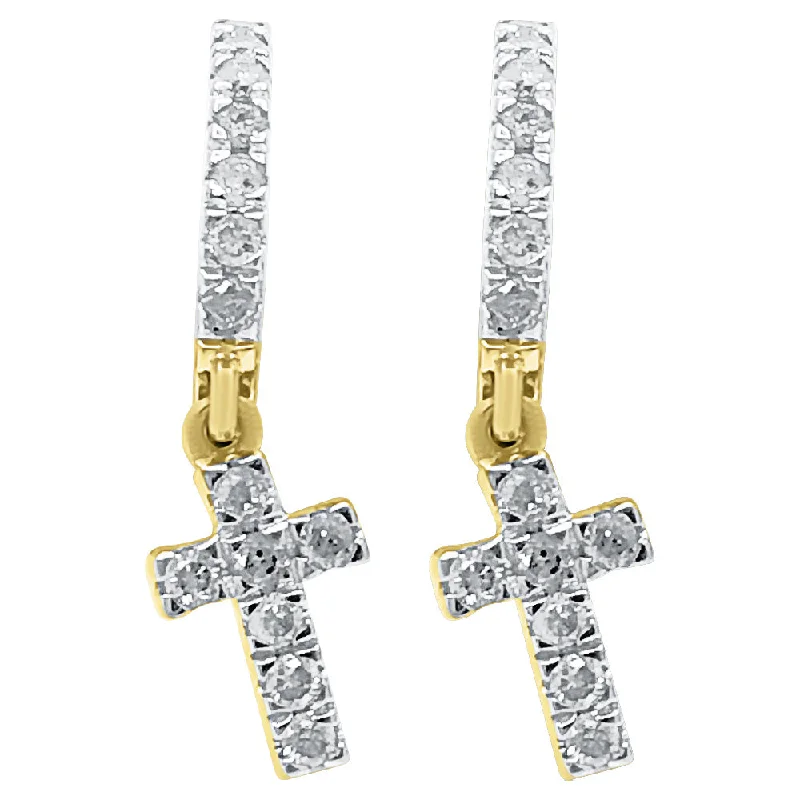 Earrings For Thick Links-Dangling Cross Hoop Diamond Earrings .37cttw 10K Yellow Gold