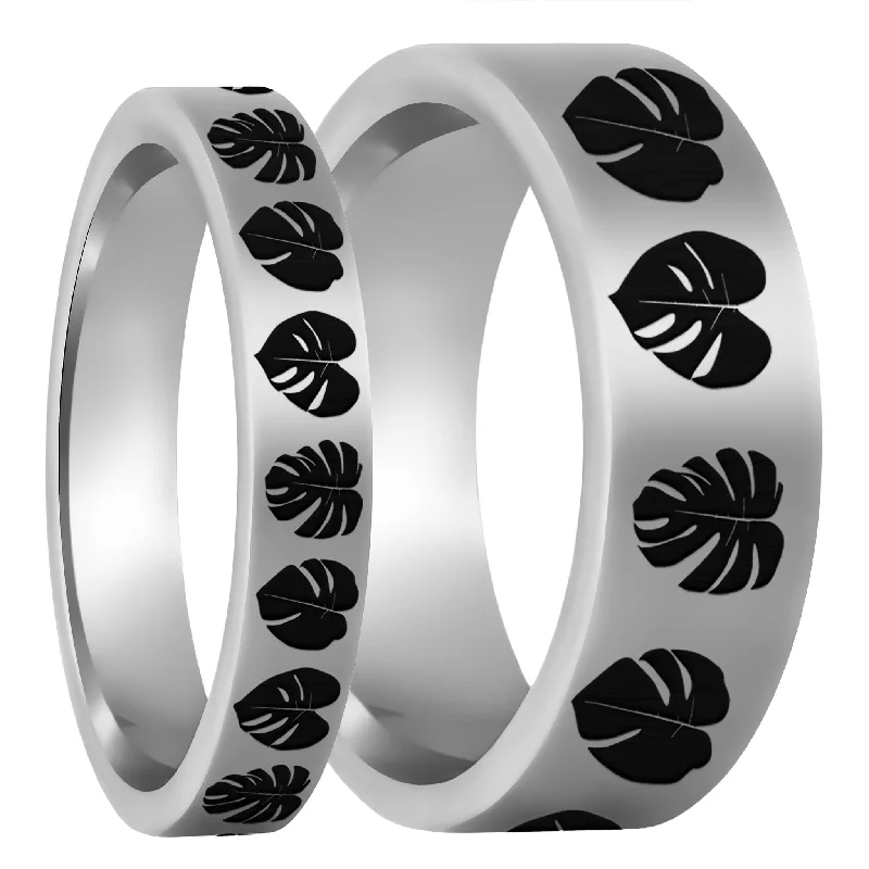 Elite Rings For Memorable Moments-Monsterra Leaves Tungsten Couple's Matching Wedding Band Set