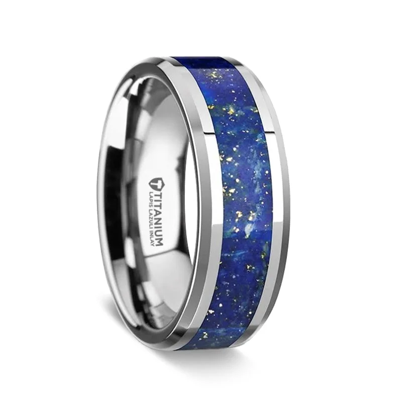 Best Lofty Rings-Titanium Men's Wedding Band with Blue Lapis Lazuli Inlay