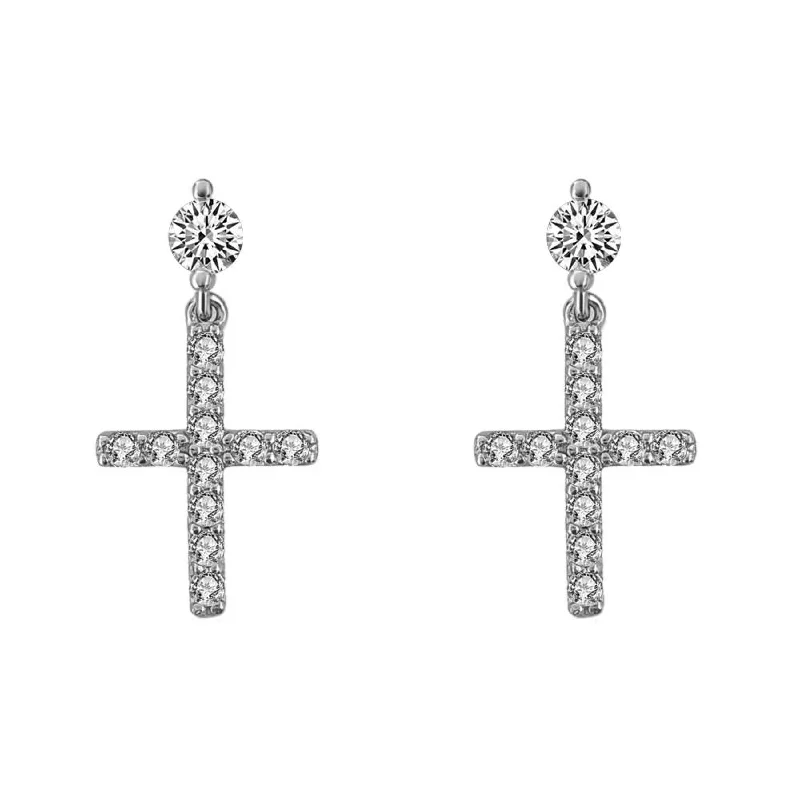 Earrings Beam Routine-Stud Dangling Tennis Cross VVS Moissanite Earrings .925 Sterling Silver