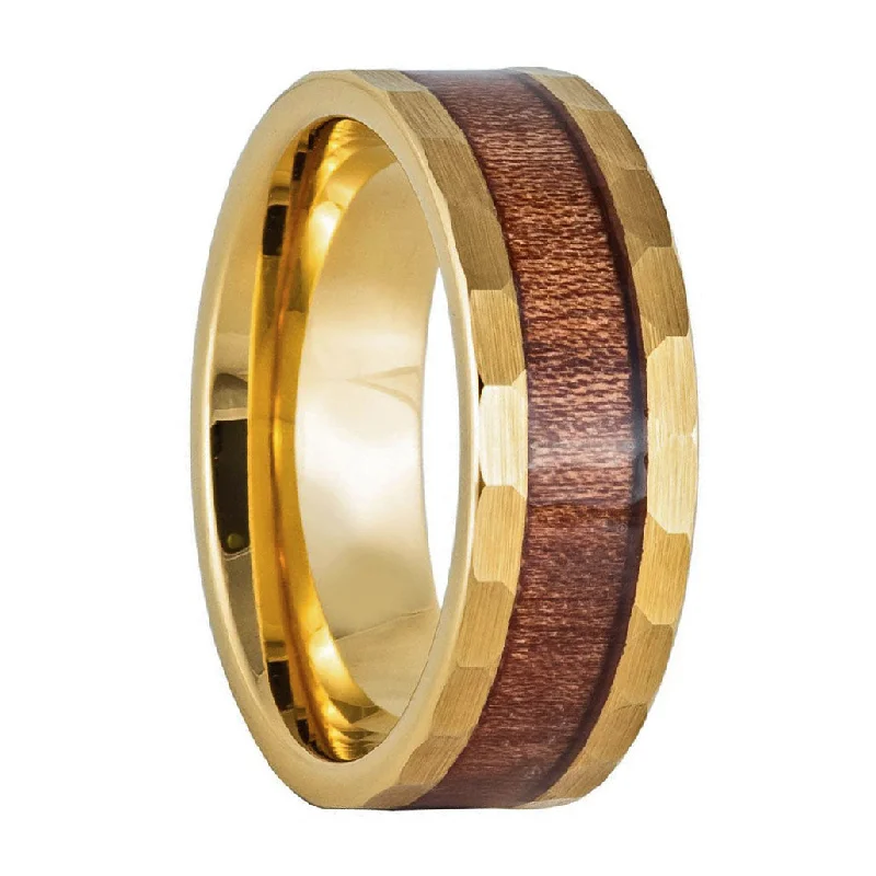 Rings For Tiny Gleam-Gold Hammered Tungsten Men's Wedding Band with Wood Inlay