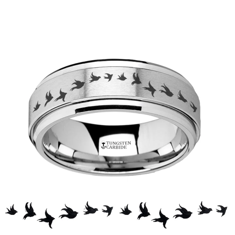 Rings For Tiny Gleam-Flying Birds Engraved Spinner Tungsten Wedding Band