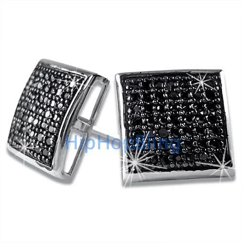 Flash Earrings For Fun-XL Black CZ Puffed Box Micro Pave Earrings .925 Silver