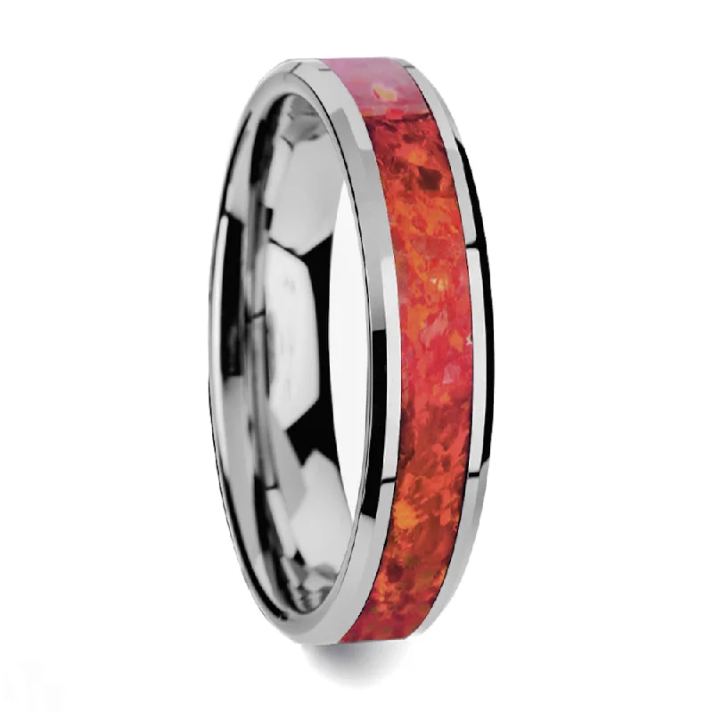 Best Heritage Rings-Tungsten Wedding Band with Red Opal Inlay