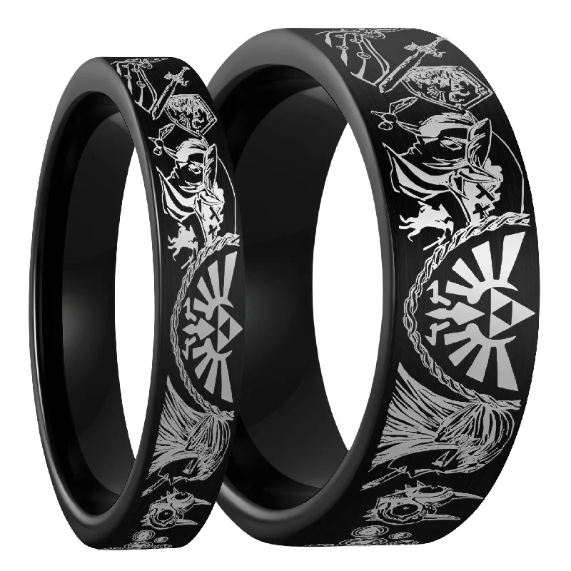 Rings For Fringe Flair-Legend of Zelda Brushed Black Tungsten Couple's Matching Wedding Band Set