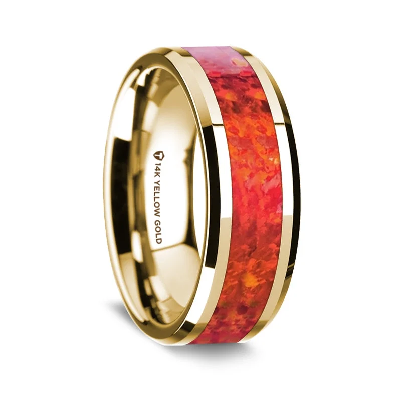 Rings With Gunmetal Sheen-14k Yellow Gold Men's Wedding Band with Red Opal Inlay