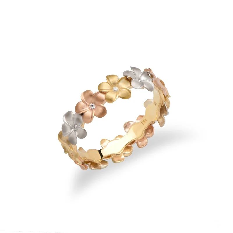 Rings Profile Choices-Plumeria Ring in Tri Color Gold with Diamonds - 5mm