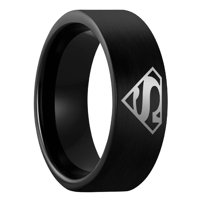 Vivacious Rings For Flare-Superman Brushed Black Tungsten Men's Wedding Band