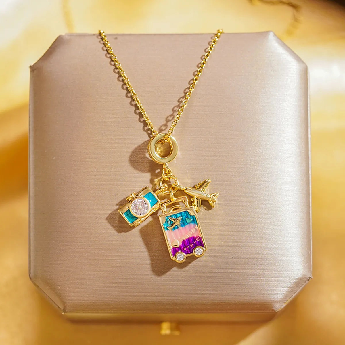 Necklaces For Self Shine-Wholesale Elegant Lady Camera Airplane 304 Stainless Steel Copper Enamel Hollow Out Inlay 18K Gold Plated K Gold Plated Zircon Pendant Necklace