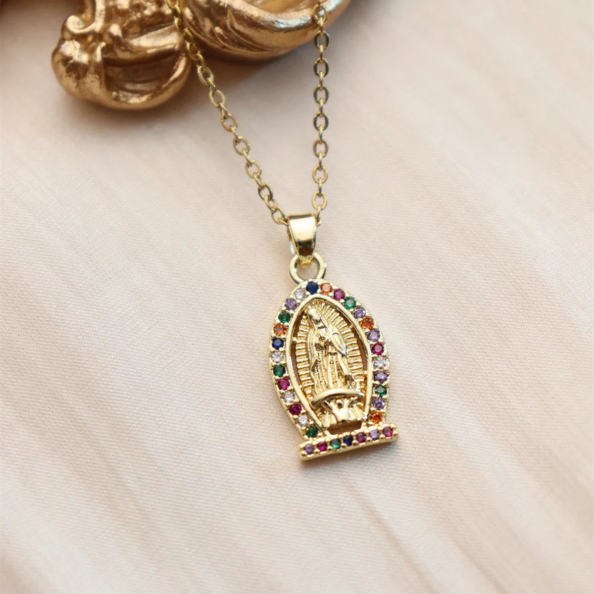 Necklaces Deal Tips-Wholesale IG Style Human Madonna Of The Yarnwinder 304 Stainless Steel Copper Inlay 18K Gold Plated Zircon Pendant Necklace