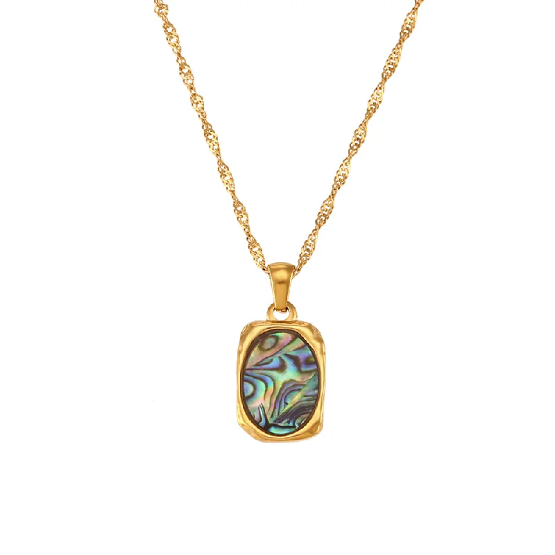 Rectangular Shell Mirror Pendant Necklace-Gold N280a-Abalone Shell