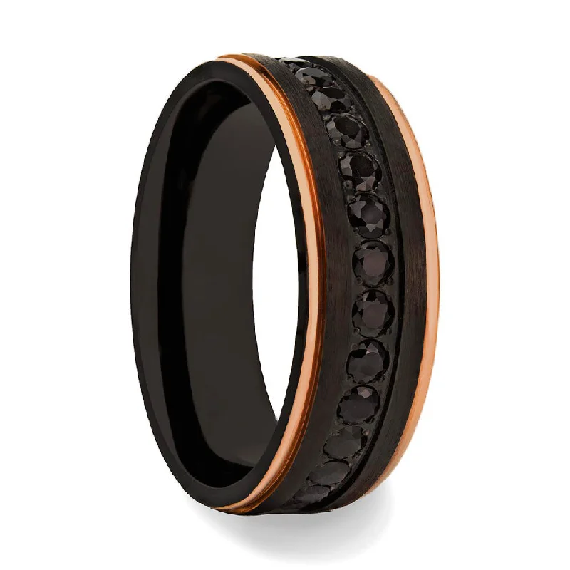 Rings For Untamed Flair-Black Titanium Men's Wedding Band with Rose Gold Edges & Black Gemstones