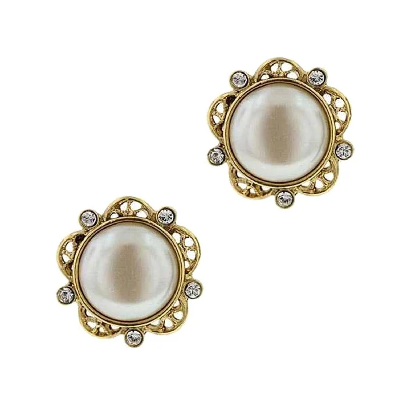 Earrings For Healed Holes-1928 Jewelry White Faux Pearl & Crystal Round Button Earrings