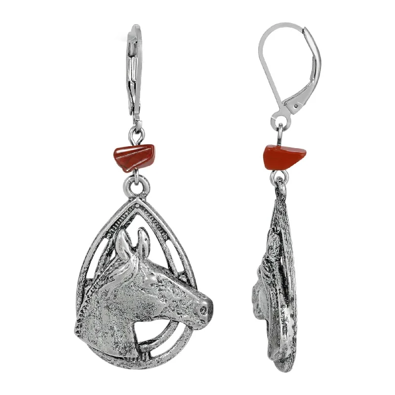 Earrings For Wise Ones-1928 Jewelry Red Jasper Chip Horse Head Drop Earrings