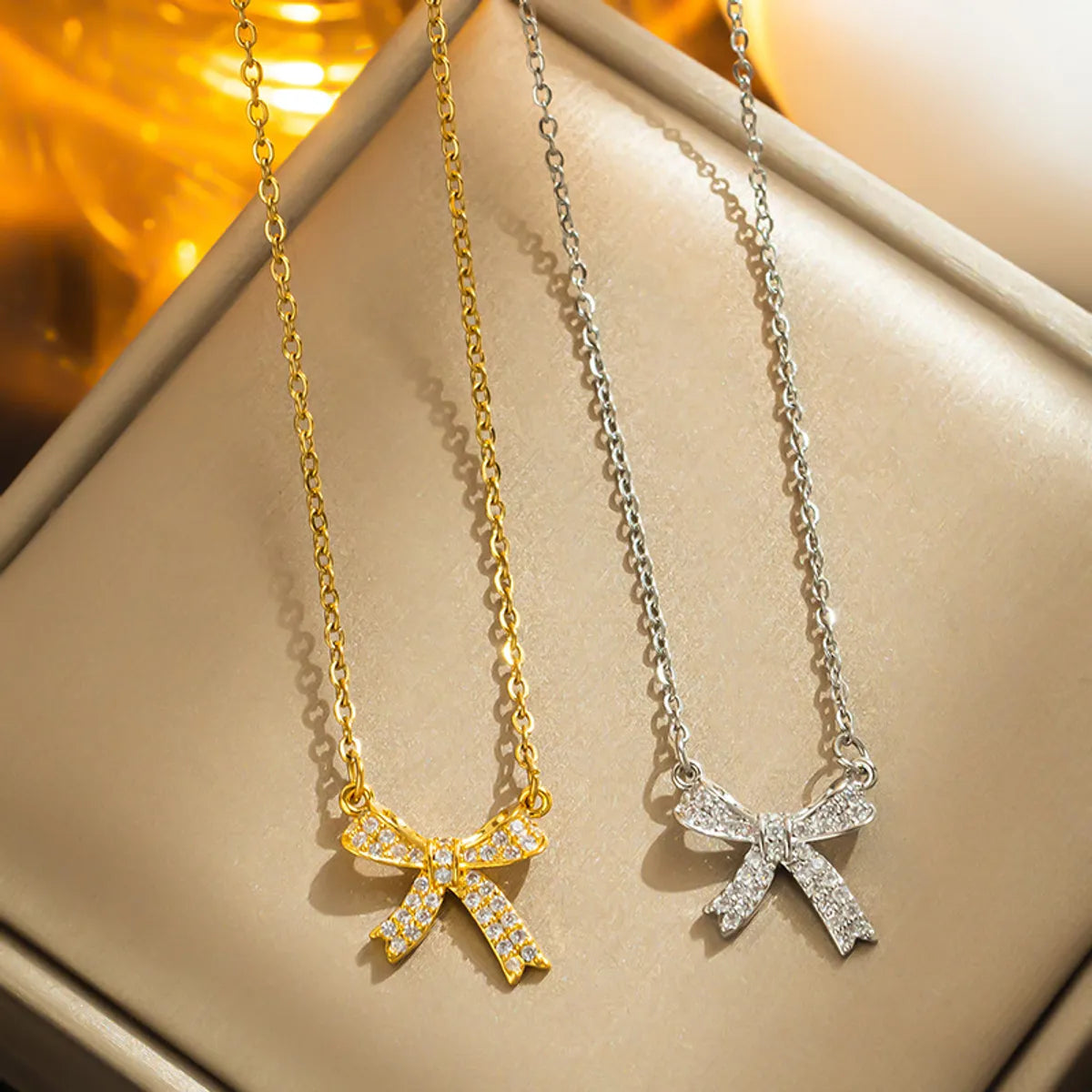 Necklaces Rust Resistance-Titanium Steel Simple Style Shiny Bow Knot Inlay Zircon Necklace