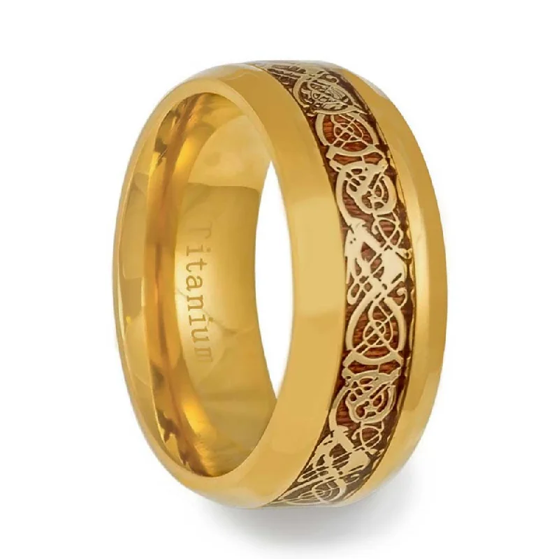 Rings For Slender Joints-Celtic Dragon & Wood Inlaid Yellow Gold Men's Titanium Ring