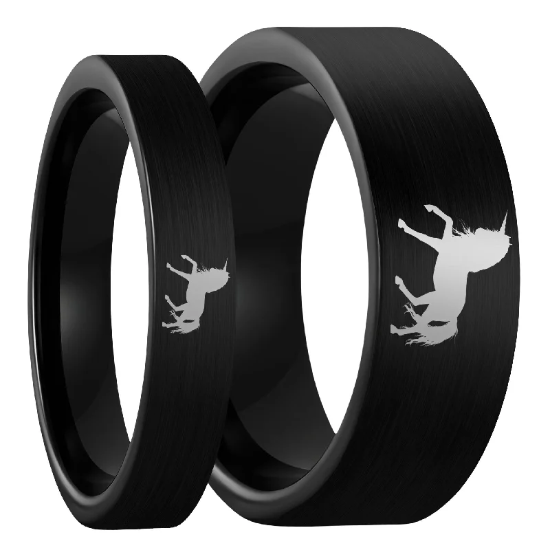 Rings For Crisp Autumn-Unicorn Brushed Black Tungsten Couple's Matching Wedding Band Set