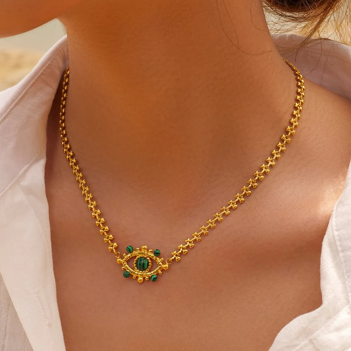 Necklaces For Heat Glow-Ig Style Devil's Eye Stainless Steel Plating Hollow Out Inlay Malachite 18k Gold Plated Necklace