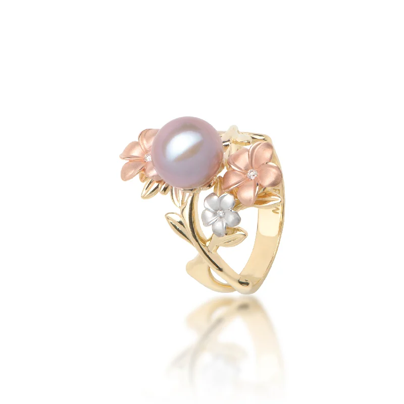 Rings Wear Protocols-Pearls in Bloom Plumeria Lavender Freshwater Pearl Ring in Tri Color Gold with Diamonds - 22mm