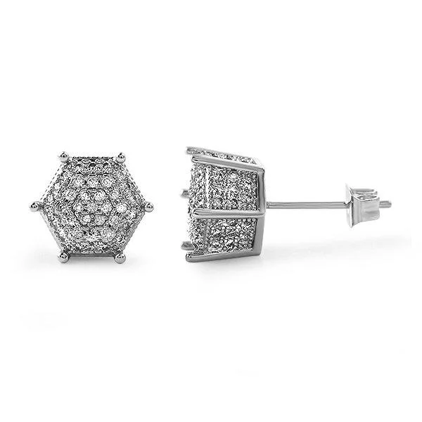 Thrift Earrings Online-3D Pentagon Rhodium Bling CZ Earrings