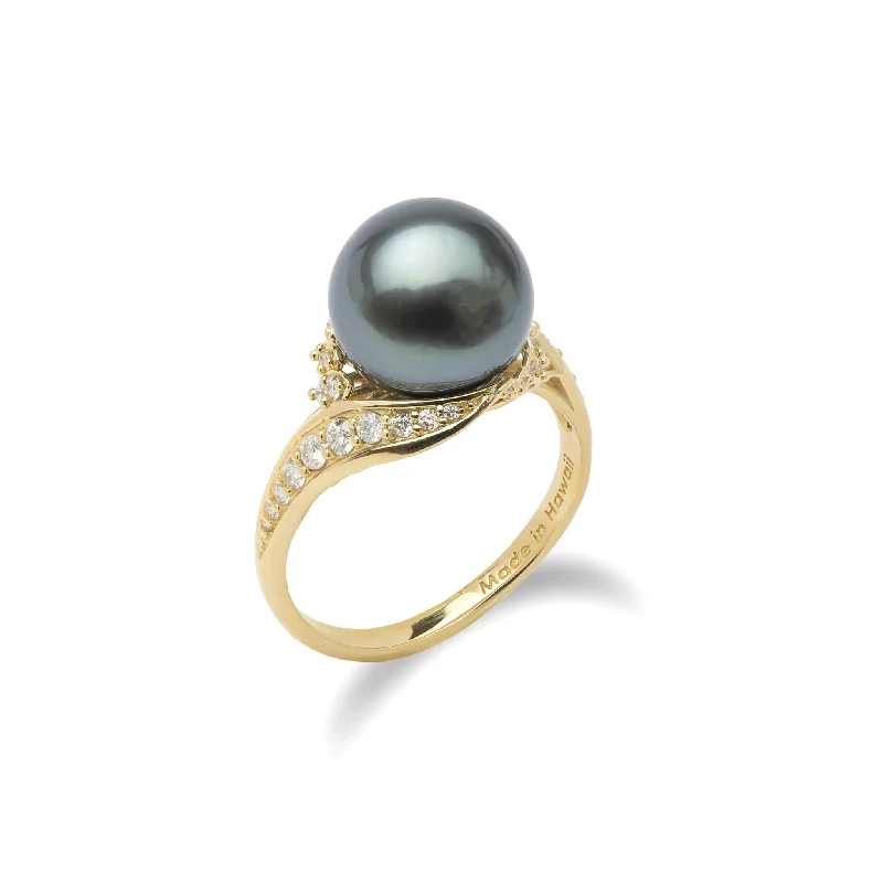 Gentle Rings For Touch-Tahitian Black Pearl Ring in Gold with Diamonds - 10-11mm