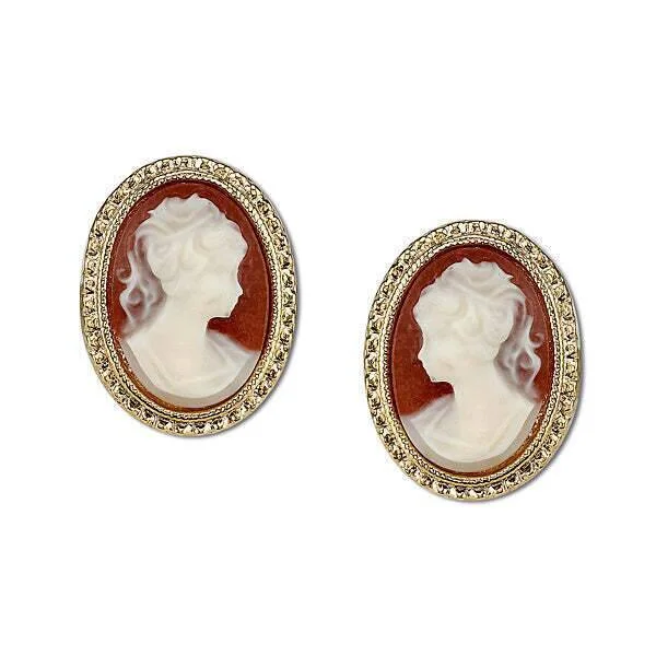 Best Shape Earrings-1928 Jewelry Dark Carnelian Red Victorian Style Cameo Stud Earrings