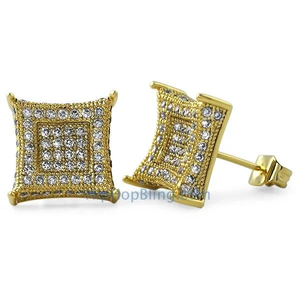 Earrings For Kin Gifts-XL 3D Box Kite Gold CZ Bling Bling Earrings