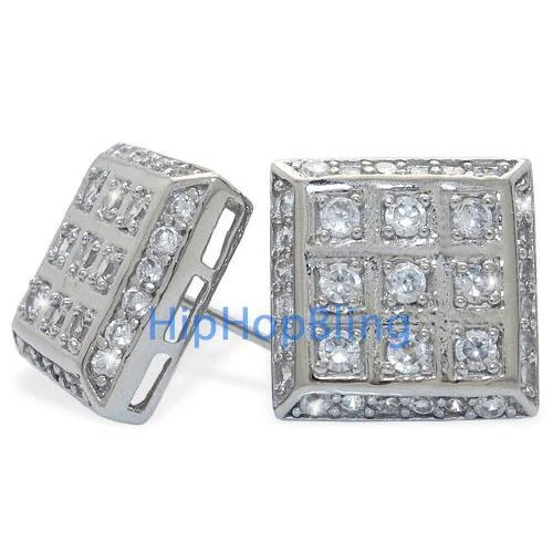 Earrings Shine Care-CZ Iced Out Large Box Sterling Silver Micro Pave Hip Hop Earrings