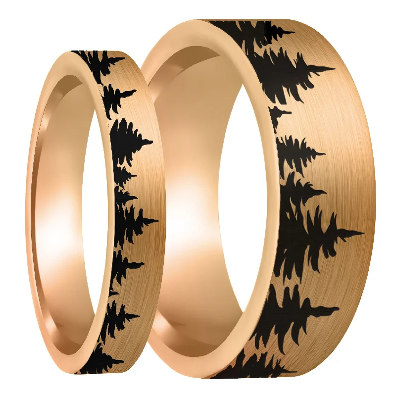 Rings For Porcelain Glow-Treeline Brushed Rose Gold Tungsten Couple's Matching Wedding Band Set