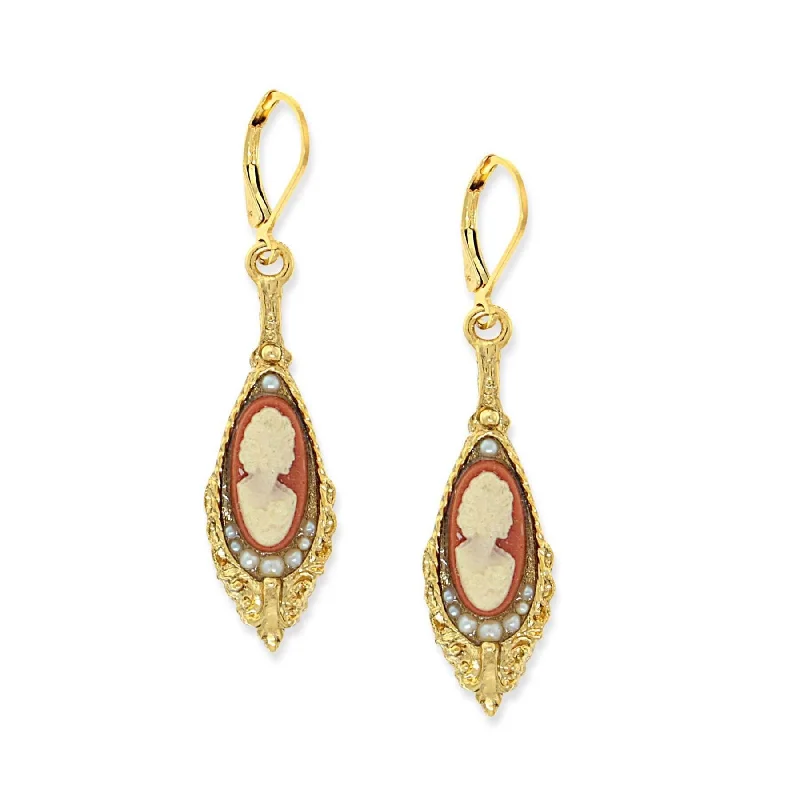 Earrings For Thick Links-1928 Jewelry Faux Pearl Carnelian Cameo Chandelier Teardrop Earrings