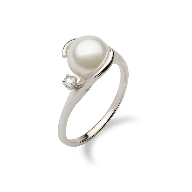 Rings For Scarf Pairings-Akoya White Pearl Ring in White Gold with Diamond - 8mm