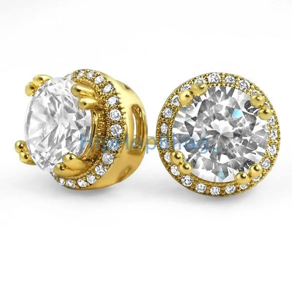 Earrings With Sharp Edges-Pave Ice Border Gold CZ Solitaire Bling Bling Earrings