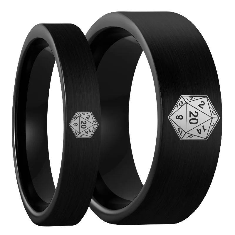 Smooth Rings For Flow-D20 Brushed Black Tungsten Couple's Matching Wedding Band Set