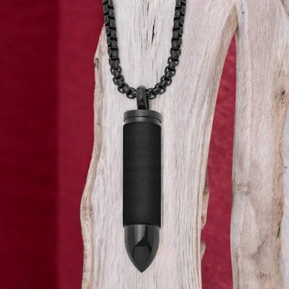 Necklaces For Wide Bands-Stainless Steel Brushed and Polished Black IP-plated Bullet Capsule Pendant