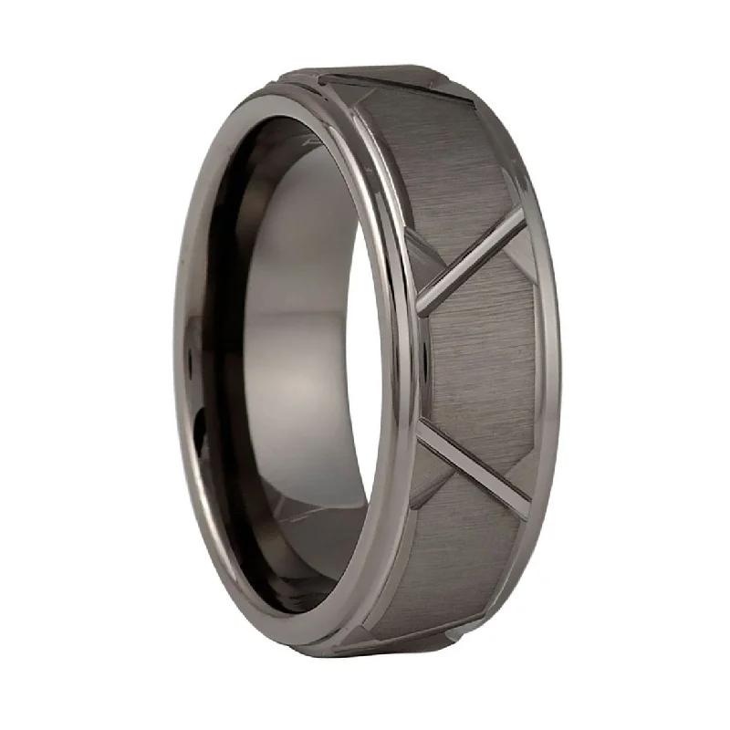 Rings For Reflective Years-Geometric Grooved Gunmetal Tungsten Men's Wedding Band