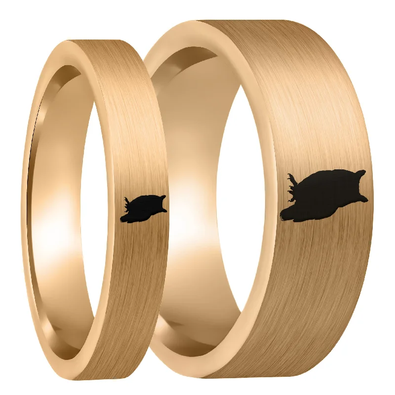 Rings For Muggy Climates-Owl Brushed Rose Gold Tungsten Couple's Matching Wedding Band Set