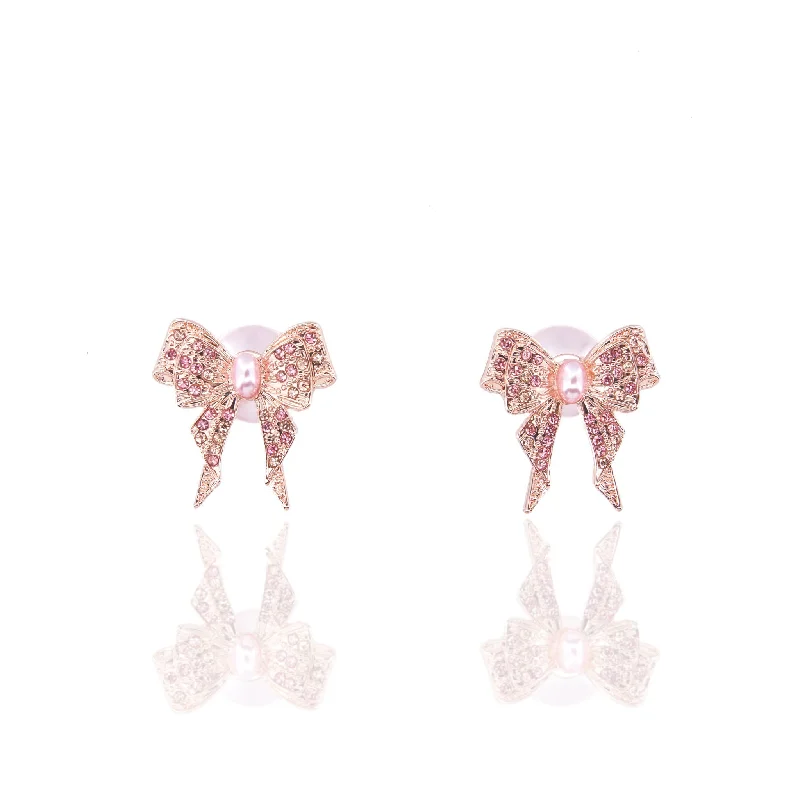 Earrings For Nightlife Fun-Diamonique Bow Double Studs - Pink