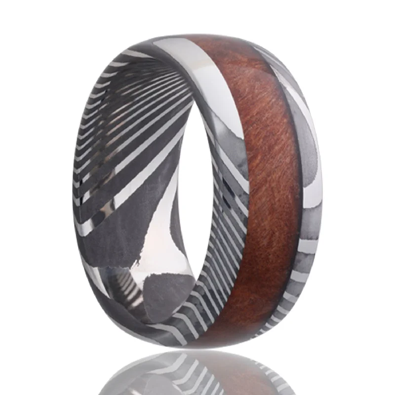 Rings Artisan Highlights-Burl Wood Inlay Damascus Steel Men's Wedding Band