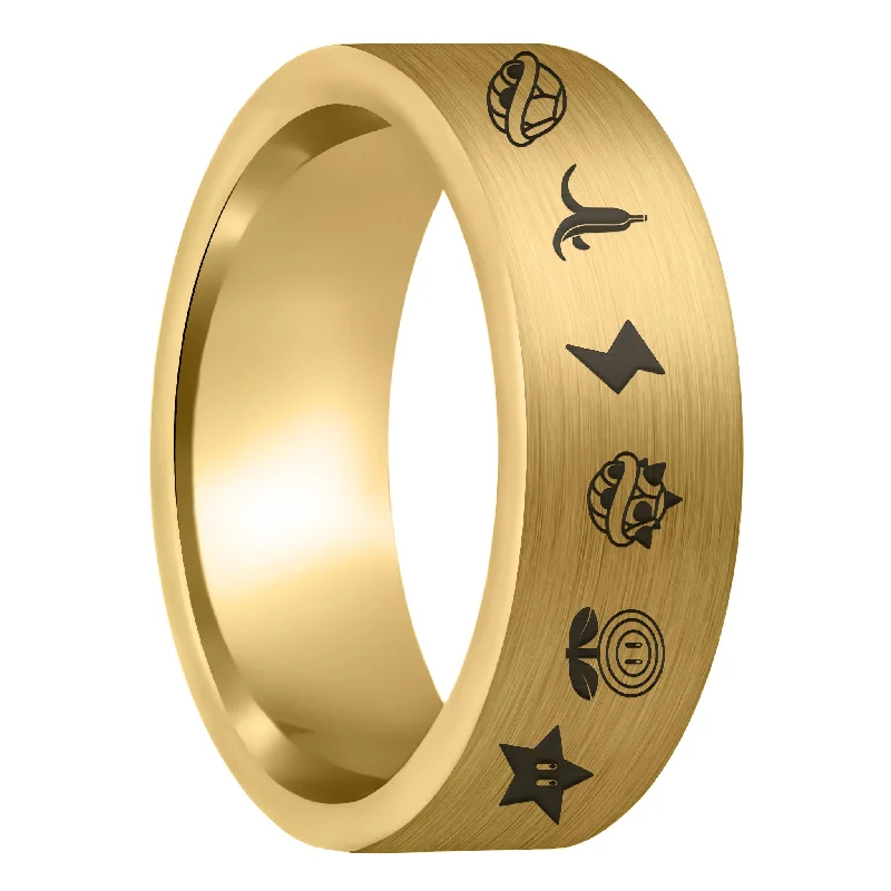 Rings For Mixed Charms-Mario Kart Items Brushed Gold Tungsten Men's Wedding Band