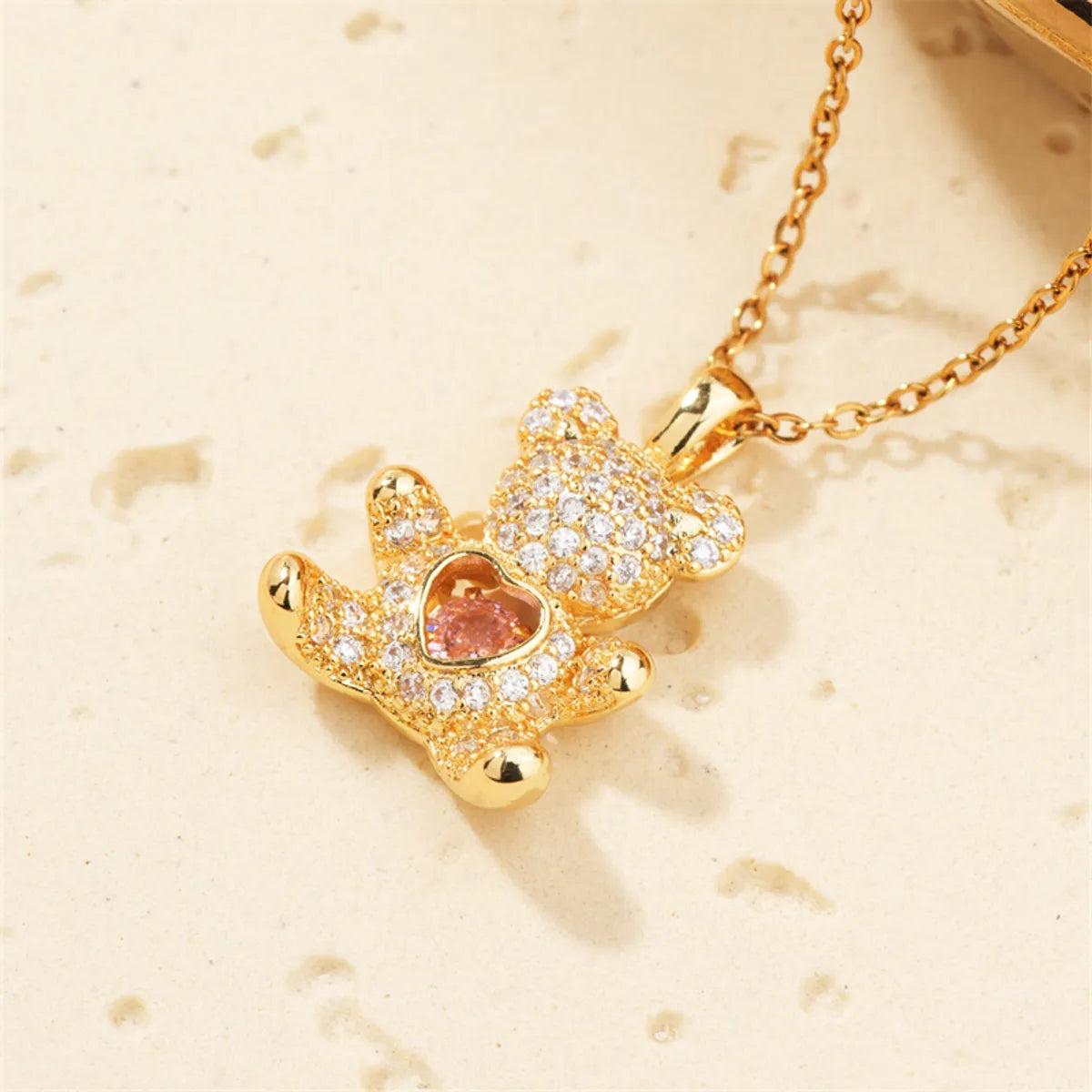 Necklaces For 80s Throwback-304 Stainless Steel Copper K Gold Plated Cute Sweet Artistic Inlay Bear Heart Shape Zircon Pendant Necklace