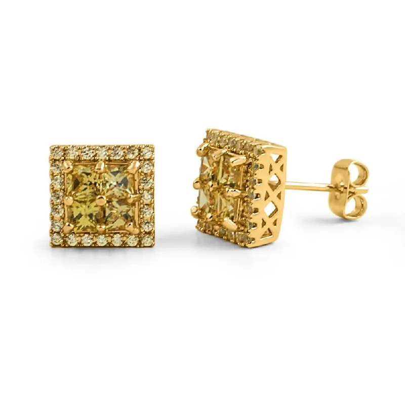 Earrings Wear Ease-Princess Cut Square Cluster Lemonade CZ Hip Hop Earrings