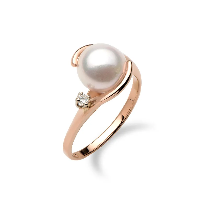 Best Quiet Rings-Akoya Pearl Ring in Rose Gold with Diamond - 8mm