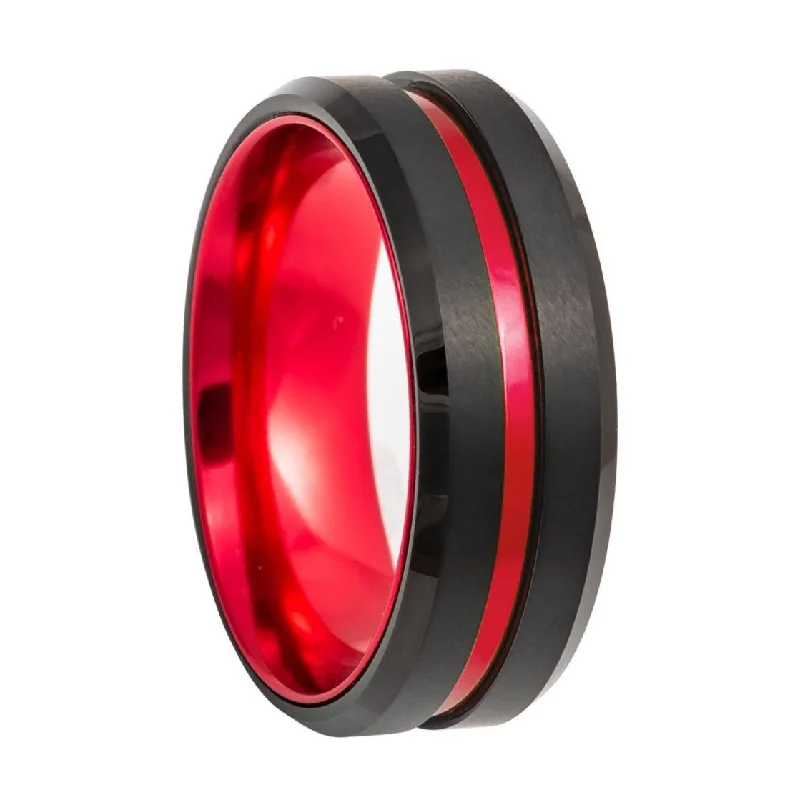 Rings For Narrow Grip-Black Tungsten Men's Wedding Band with Red Groove