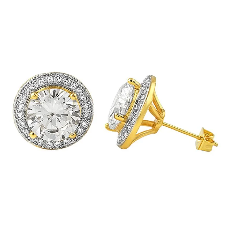 Earrings For Soft Cheeks-Gold XL Halo Solitaire Bling Bling CZ Earrings