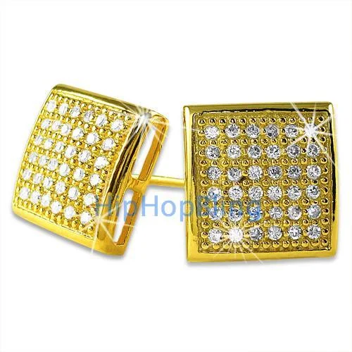 Earrings For Mild Seasons-Large Puffed Box Gold Vermeil CZ Micro Pave Earrings .925 Silver