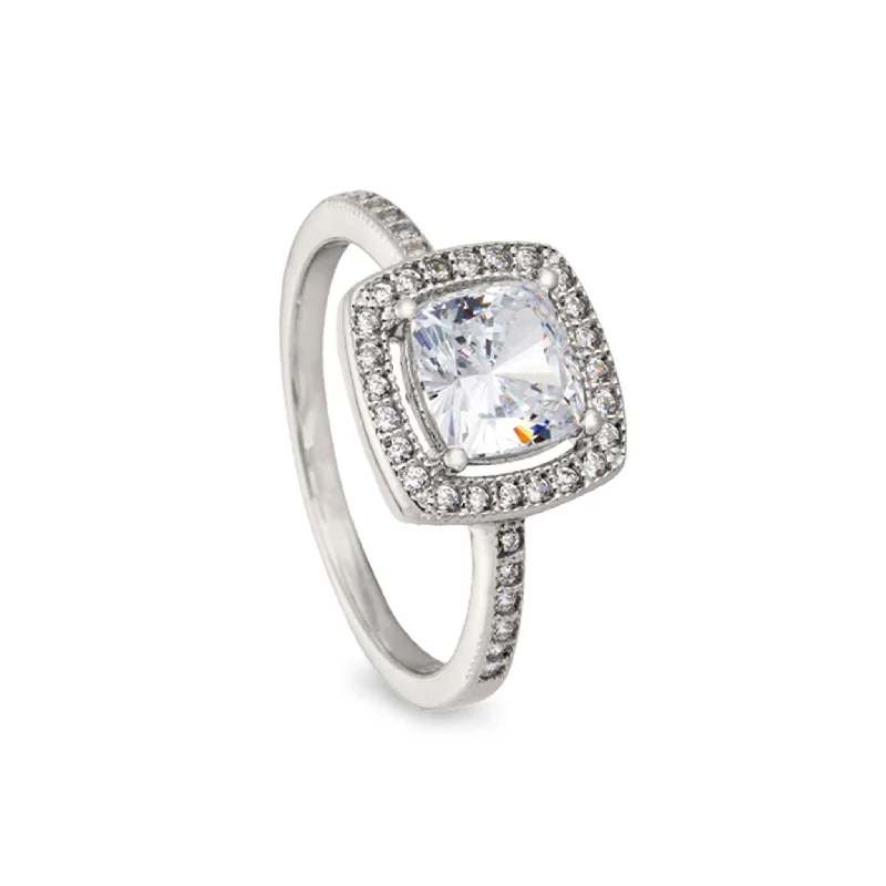 Rings For Dazzling Radiance-Sterling Silver Cushion Cut Ring with Simulated Diamonds