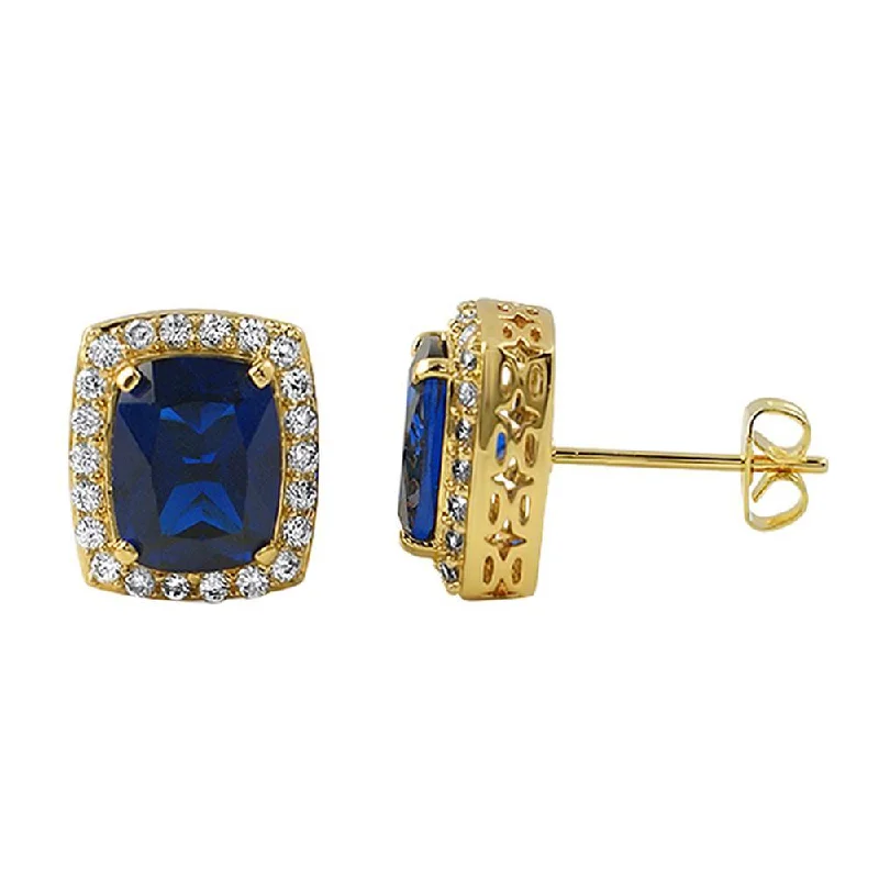 Earrings For Wide Venues-Lab Sapphire Centerstone Gold Bling Bling Earrings