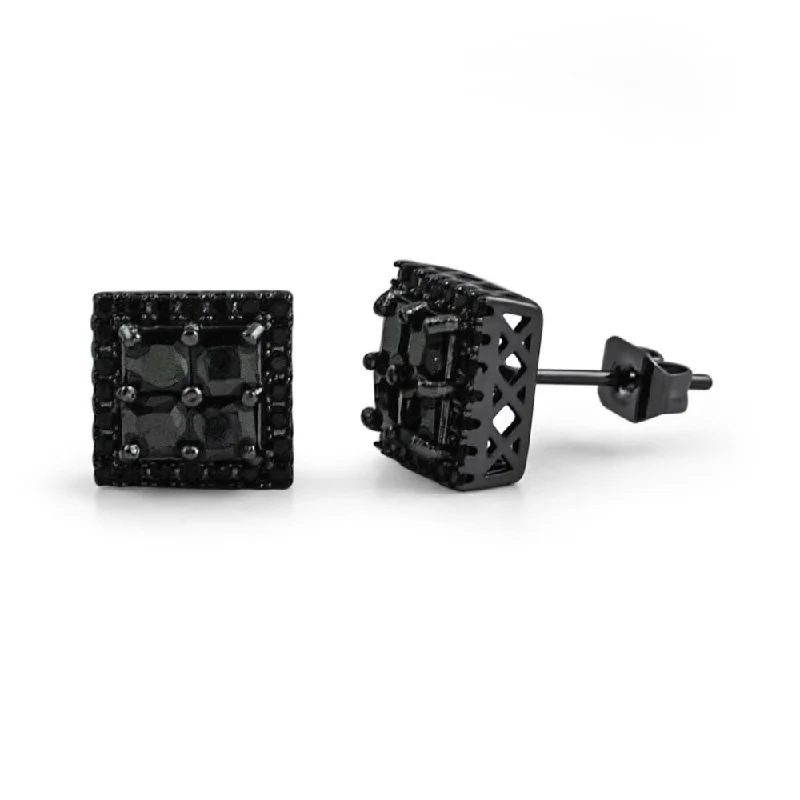 Earrings For Mild Spark-Princess Cut Square Cluster Black CZ Hip Hop Earrings