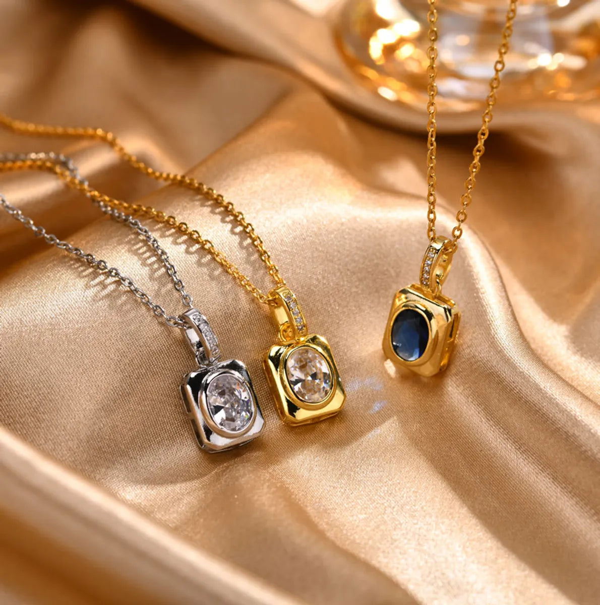 Necklaces With Opal Shine-French Style Square Stainless Steel Copper Plating Inlay Zircon 18k Gold Plated Pendant Necklace