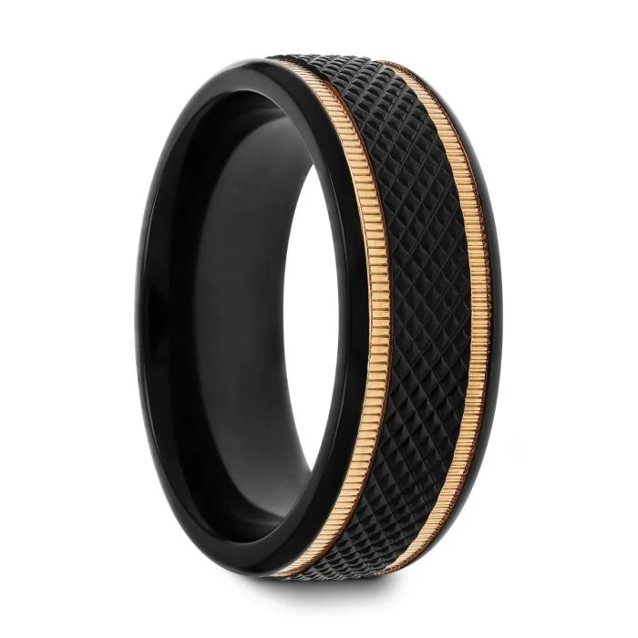 Rings For Early Teens-Black Titanium Diamond Patterned Men's Wedding Band with Gold Milgrain Grooves